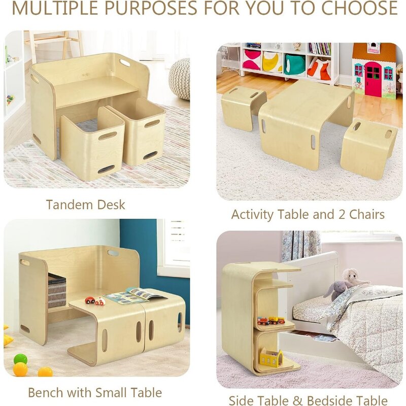 Conjunto de móveis infantis, mesa de madeira, banco, prateleiras, mesa para leitura