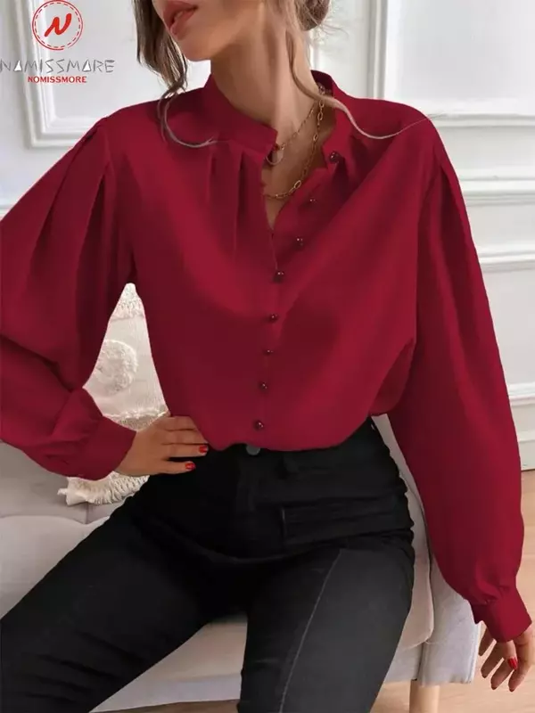 Camisas de Color liso de estilo inglés para mujer, cárdigan suelto informal de manga con cuello vuelto, diseño de botonadura única