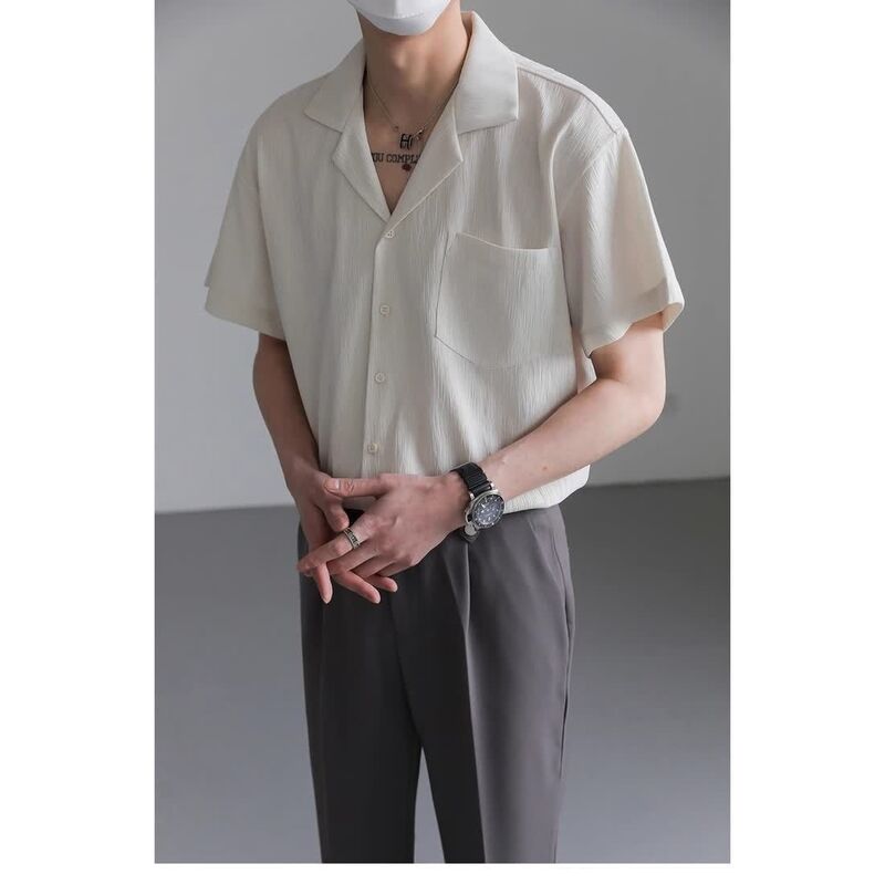 Camisa masculina de gola cubana alta, camisa de manga curta drapeado, blusa de verão, botões coreanos soltos, camisa sem ferro, roupas da moda