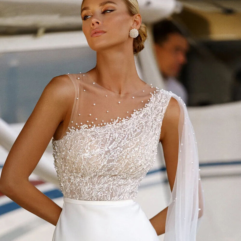 Bright Chiffon Women Wedding Dresses Lace Print Design A-Line Bridal Gowns Sexy Sleeveless Vestidos Elegante Blanco Novia Civil