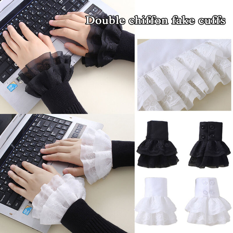 Women Fake Flared Sleeves Detachable Cuffs Double Layer Lace Pleated Ruched False Cuffs Sweater Blouse Ruffles Wrist Warmers