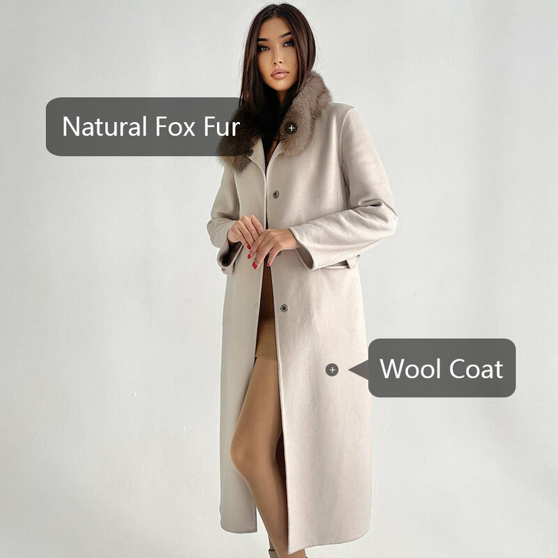 Женское кашемировое пальто с воротником из натурального меха лисы