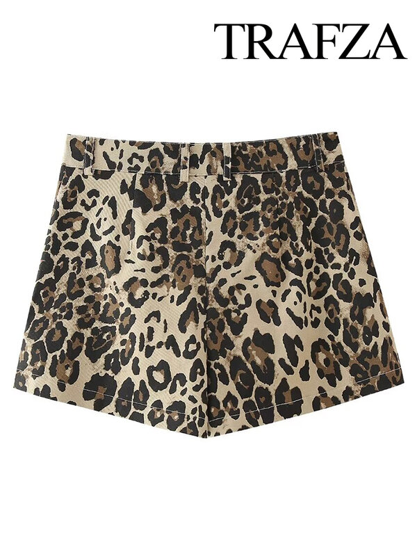 Женские короткие брюки на пуговицах TRAFZA, уличные шорты с леопардовым принтом и карманами на молнии, весна 2024, Y2K, женская верхняя одежда