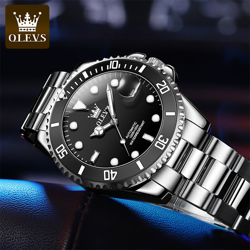 Olevs-男性用機械式時計、ステンレス鋼、防水、hd発光カレンダー、ファッション時計