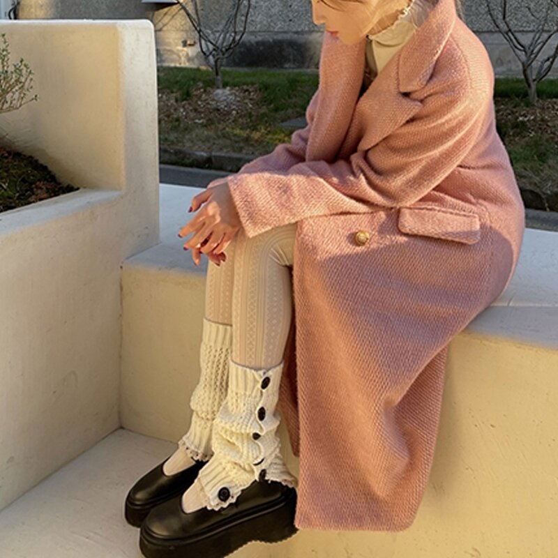 Design de botão perna aquecedores harajuku feminino meninas malha joelho meias altas plissado rendas guarnição elástico pé cobre meias
