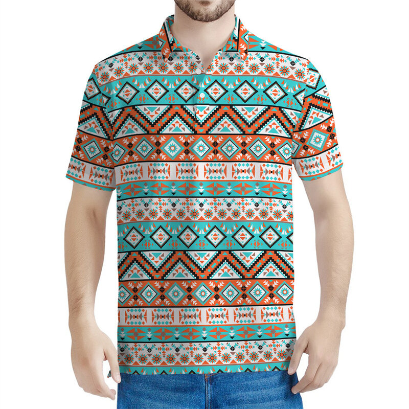 Vintage Navajo Pattern Polo Shirt For Men 3D Printed Geometric T-shirt Streetwear Oversized Short Sleeve Tops Lapel Tee Shirts