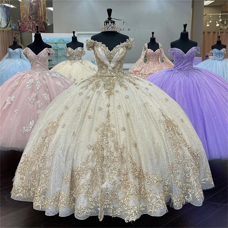 Princess Quinceanera Dresses Ball Gown Off The Shoulder Appliques Sparkle Sweet 16 Dresses 15 Años Custom