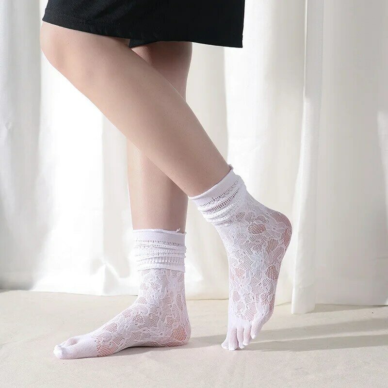 Calcetines largos de nailon para mujer, medias finas de encaje transparente, transpirables, a la moda, para verano, 5 dedos, 3 pares