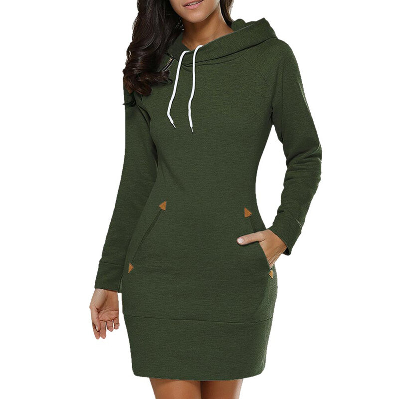 Women Hoodie Dress Sweatshirt Pullover Dress Autumn Cotton Long Sleeve Slim Pocket Hoodie Dress S-3Xl