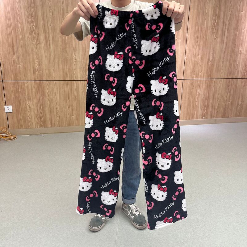 Sanrio-Pijama de franela de Hello Kitty para mujer, pantalones cálidos de lana de dibujos animados, informales, para el hogar, Otoño e Invierno