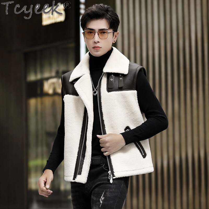 Tcyeek-colete de pele natural masculino, jaqueta de couro genuíno, moda sem mangas, casacos de pele de carneiro reais, roupas masculinas, inverno
