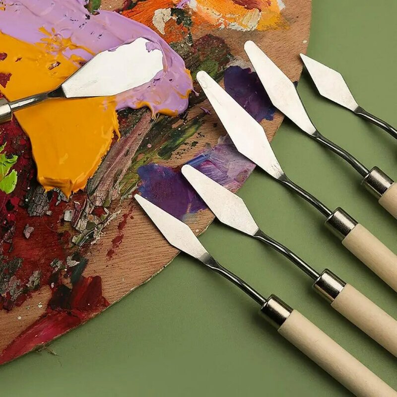 Kit de espátula de pintura de 7 piezas con mango de madera, paleta de arte de pintura al óleo de acero inoxidable, raspador de mezcla de colores, accesorios de pintura