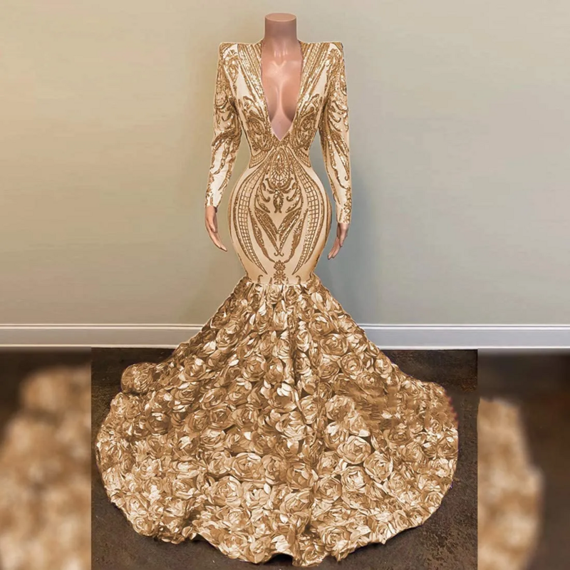 Flavinke-African Gold Mermaid Prom Dresses, vestido de festa manga comprida, vestido de lantejoulas, Black Girls Night Wear, V Neck, 2022