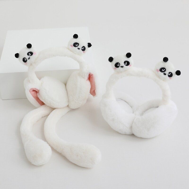 Orejeras felpa con tema Panda en movimiento para mujeres y niños, diadema calentadora orejas para invierno, Navidad,
