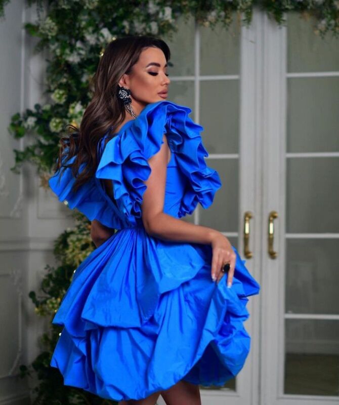 2023 Sexy Blue Off Shoulder V-neck Pleated Butterfly Knee Length Homecoming Sleeveless Saudi Arabia