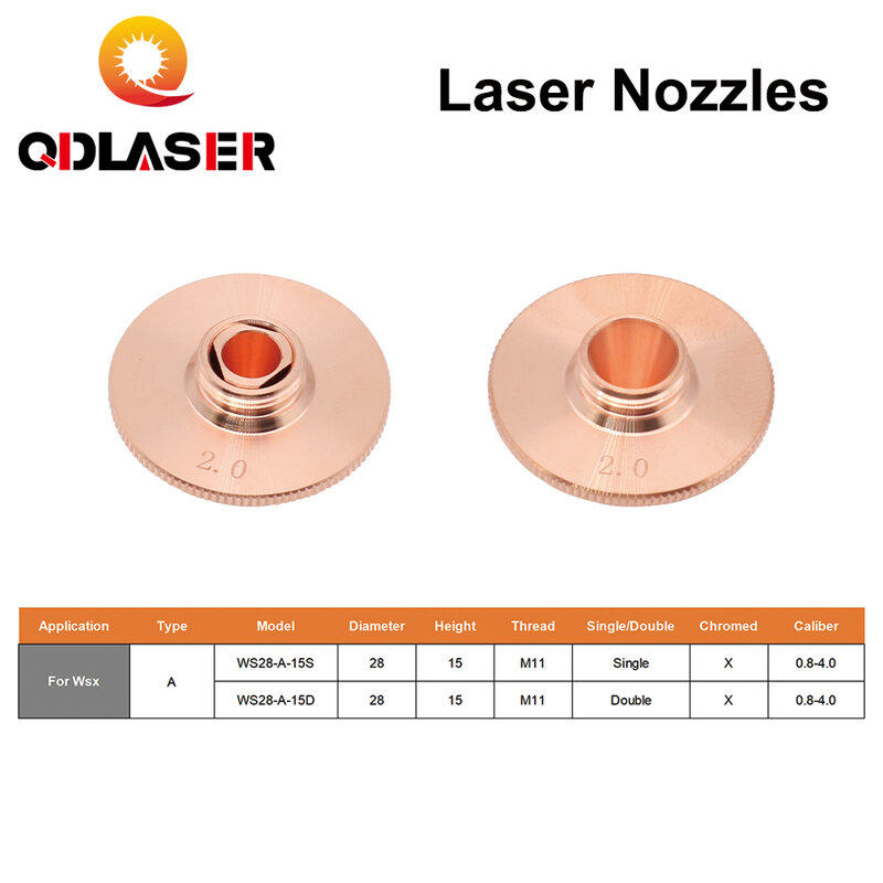 Dysze laserowe QDLASER WSX pojedyncze/podwójne warstwy Dia.28mm H15 kaliber 0.8-4.0mm M11 do głowicy tnącej laserem WSX 10 sztuk/partia