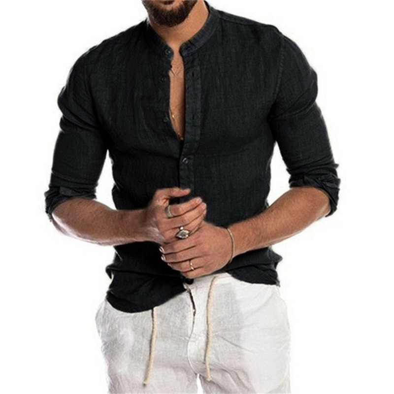 Camisa de botão de algodão monocromática masculina, pulôver casual, top diário confortável, manga longa, linho, moda