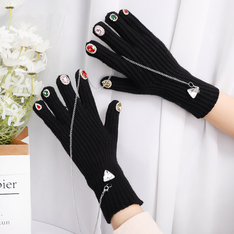 ฤดูหนาวถักถุงมือสำหรับผู้หญิง Rhinestone Touchscreen Mittens อบอุ่นขนสัตว์ยาว Full Finger ถุงมือขับรถ Guantes Mujer