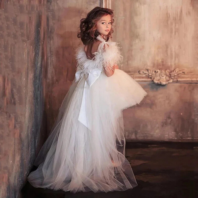 White Tulle Puffy Off Shoulder Feathers With Bow Flower Girl Dress For Wedding Child's First Eucharistic Birthday Party Dresses
