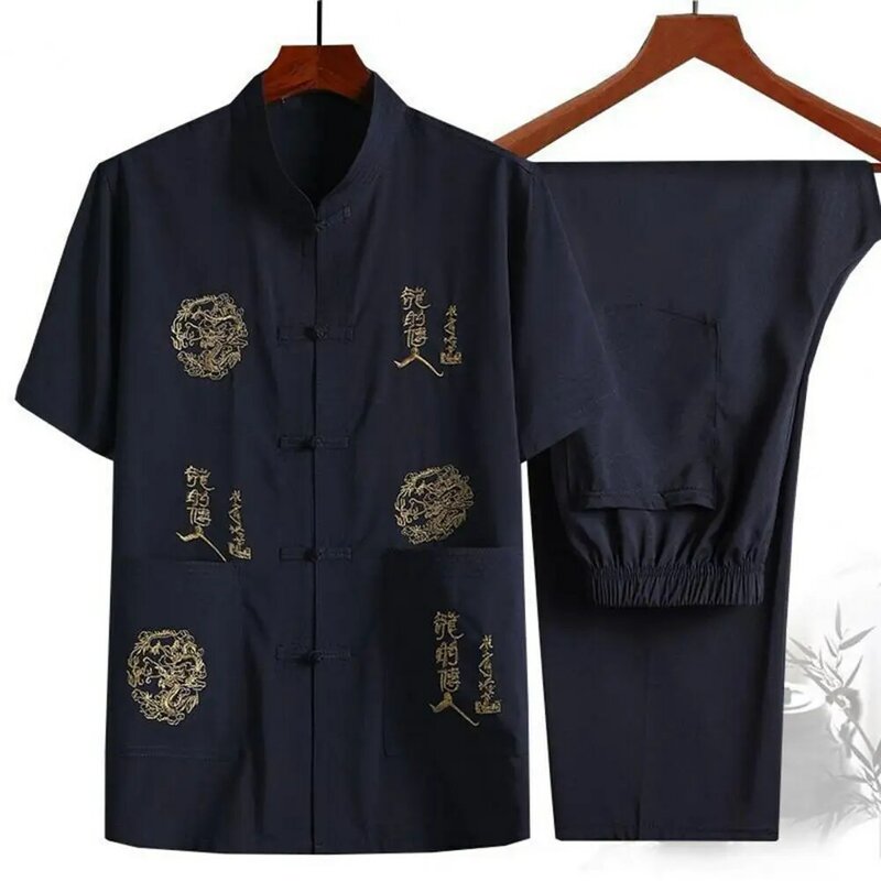 ชุดชุดจีนจีนสูทสไตล์จีนย้อนยุคสำหรับผู้ชายเสื้อเชิ้ตคอตั้งชายวัยกลางคนปักกางเกงขาม้าเสื้อ