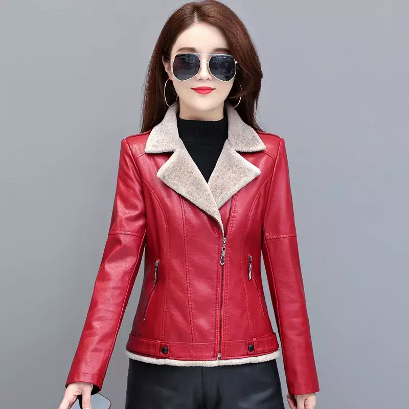 Short Leather Jacket Women Clothing Slim Elegant Womens Jackets Suit Collar Fall Winter Fashion Casual Coat Plush одежда женская