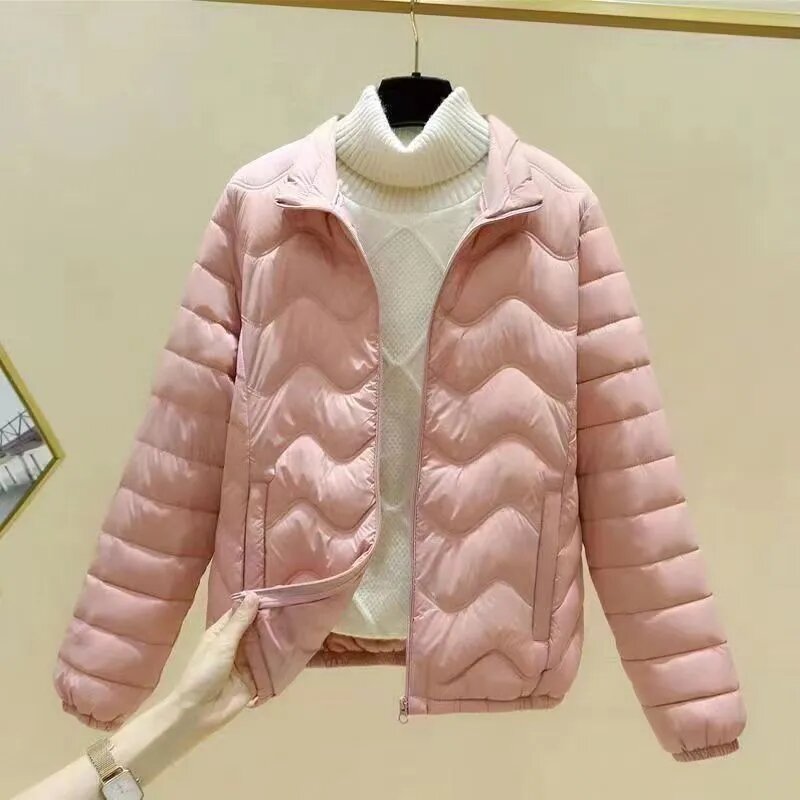 Jaqueta grossa feminina com zíper, jaqueta acolchoada de algodão, slim fit, monocromática, moda coreana, outono e inverno