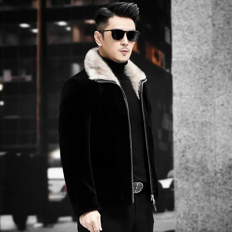 2023 Winter Men New Fashion Genuine Lambswool Jackets Male Real Mink Fur Collar Overcoats Men Long Sleeve Warm Coats I534