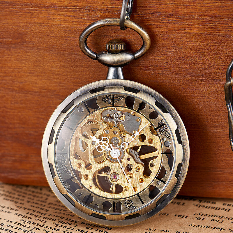 นาฬิกาพกวินเทจ Steampunk ทองแดงจี้ห้อยคอกระเป๋า FOB นาฬิกาผู้ชายผู้หญิงกลวงเกียร์ relojes de bolsillo