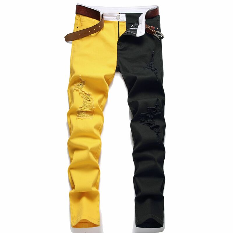 Jeans de retalhos masculino com furos rasgados, preto, amarelo, vintage, magro, jeans, calça gótica, nova moda, outono, Y2K