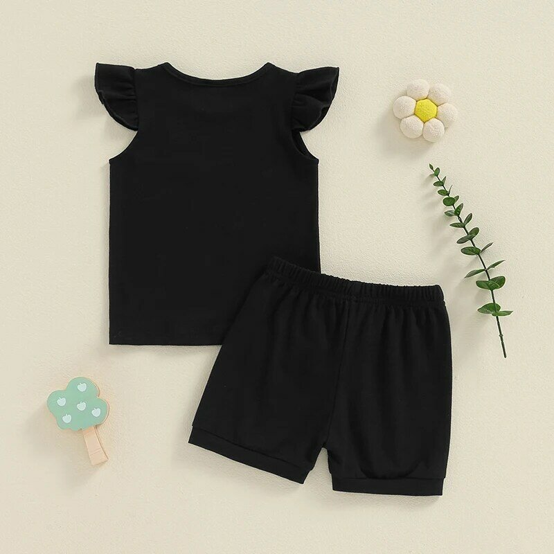 2024-04-22 Lioraitiin Toddler Baby Girl Summer Set Solid Color Round Neck Fly Sleeve Tops Elastic Waist Shorts Outfit