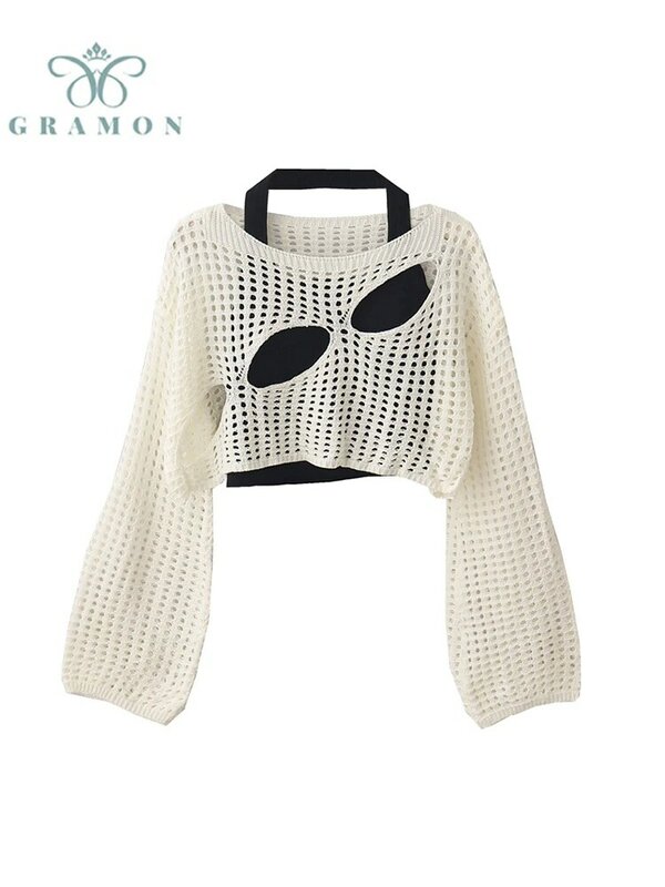 Jesienne krótkie biały sweter swetry damskie koreańskie moda Vintage Y2k Streetwear z długim rękawem luźna dzianina 2023