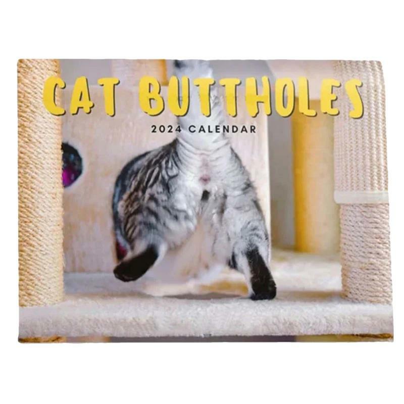 고양이 공 달력 2024 걸이식 달력, 고양이 엉덩이 구멍, 두껍고 튼튼한 종이 새끼 고양이 달력, 기발하고 재미있는 고양이 사진