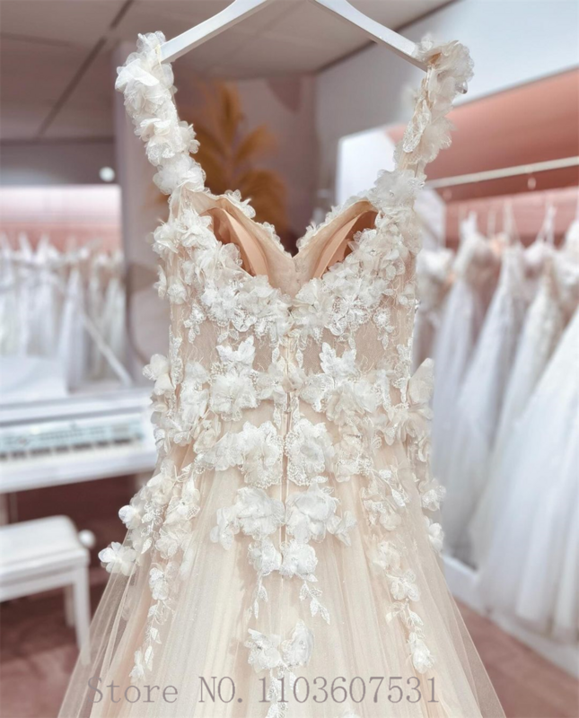 Gaun pernikahan putri kerah V tali Spaghetti mewah untuk wanita gaun pernikahan istana A-line Applique motif bunga untuk wanita