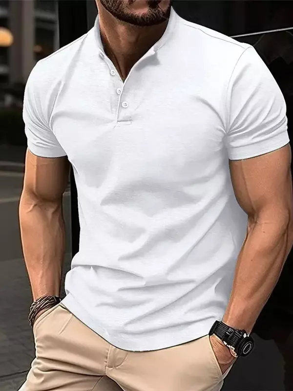 قمصان رجالية قصيرة الأكمام بياقة قائمة ، قميص للعمل ، مناسب بأزرار كاجوال ، ملابس رياضية ، وسيم ، موضة صيفية ، سادة