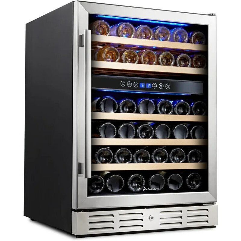 inch Wine Cooler, 46 Bottle - Dual Zone Built-in or Freestanding Fridge with Stainless Steel Reversible Glass Door, for Home