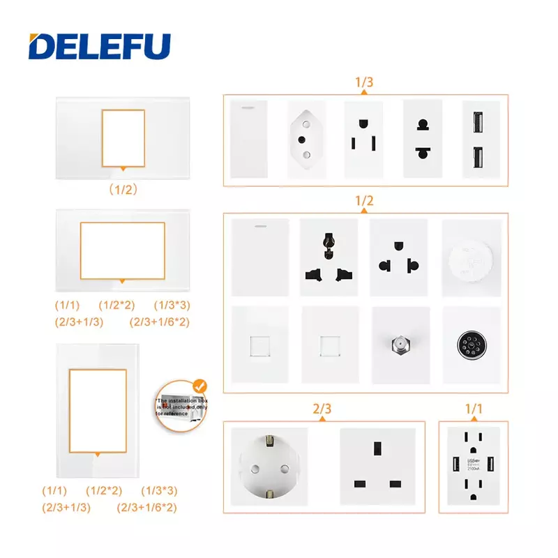 DELEFU-DIY Switch Socket, Brasil, Italiano, Chile, México, Função de Combinação Livre Padrão, USB Tipo C Key, 4*2, Branco, 4*4, Carga Rápida