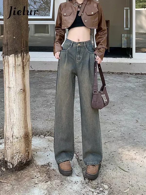 Jielur Retro American Do Old Basic Simple Woman Jeans New Loose Slim Chicly Woman Jeans High Waisted Fashion Street Pants Female