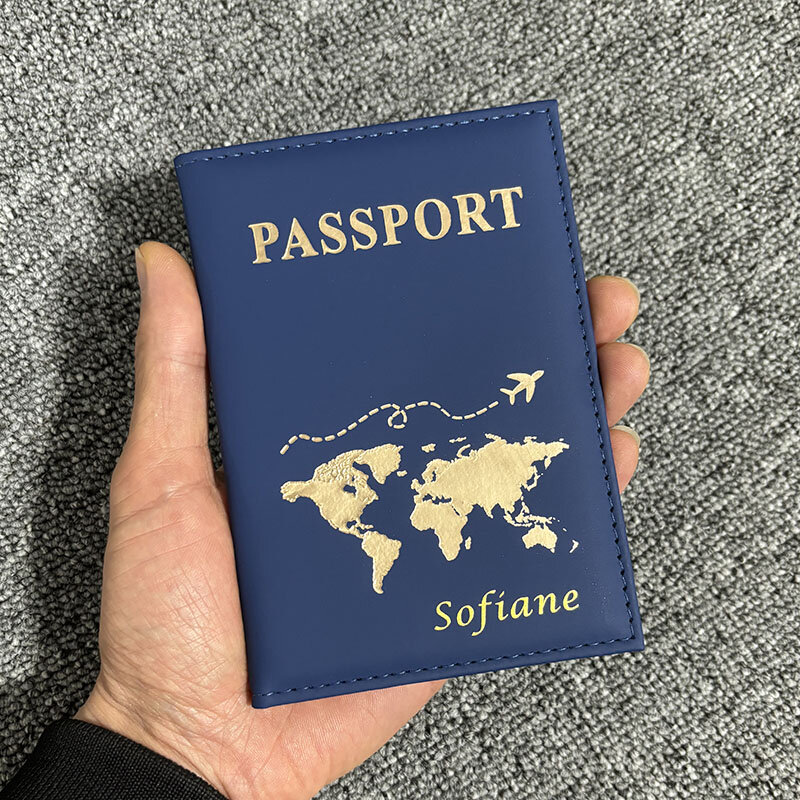 Funda personalizada con nombre en Color dorado para pasaporte, billetera de viaje con nombre personalizable, funda con soporte para tarjeta de visita e identificación