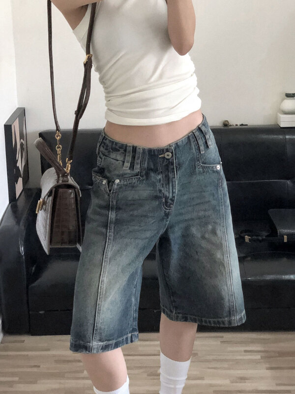 Женские джинсовые шорты QWEEK Y2K, винтажные мешковатые шорты с высокой талией, Корейская уличная одежда до колен, повседневные свободные потертые летние джинсовые широкие шорты