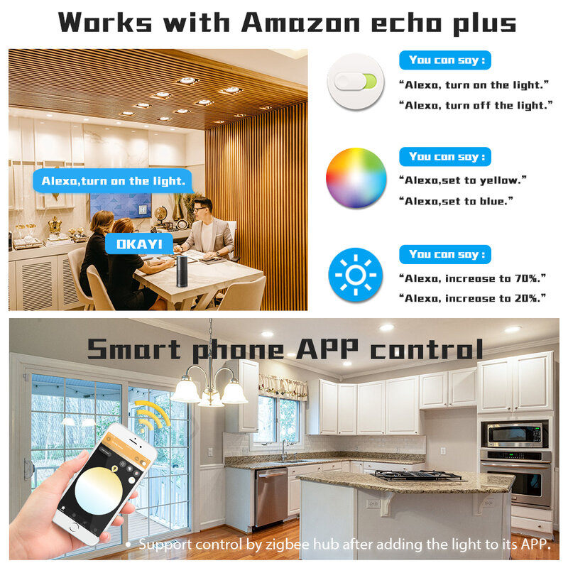 ZigBee 3.0 Pro 6W 9W 12W Smart WiFi RGBCCT faretto da incasso a soffitto funziona con Amazon Echo Plus SmartThings App/voce/telecomando