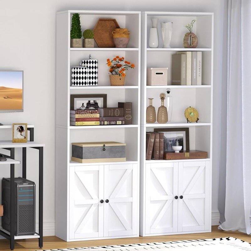 Oneinmil Set rak buku 6 tingkat 2, rak buku kayu dengan pintu kabinet, rak buku lantai dan lemari penyimpanan kantor