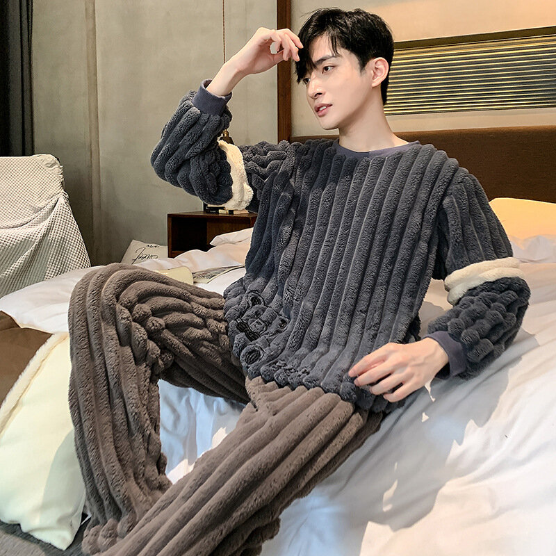 2022 Winter Langarm Dicke Warme Flanell Pyjama Sets Für Männer Korallen Samt Koreanische Mode Nachtwäsche Anzug Pyjamas Homewear Set