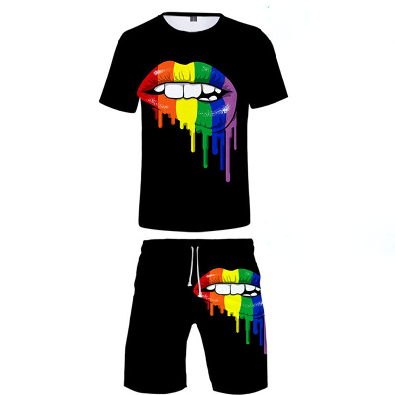 T-shirt Wanita Pria Gambar 3D Mode Elemen Warna-warni T-Shirt Celana Pendek LGBT Pelangi Set Dua Potong Streetwear Harajuku Kasual