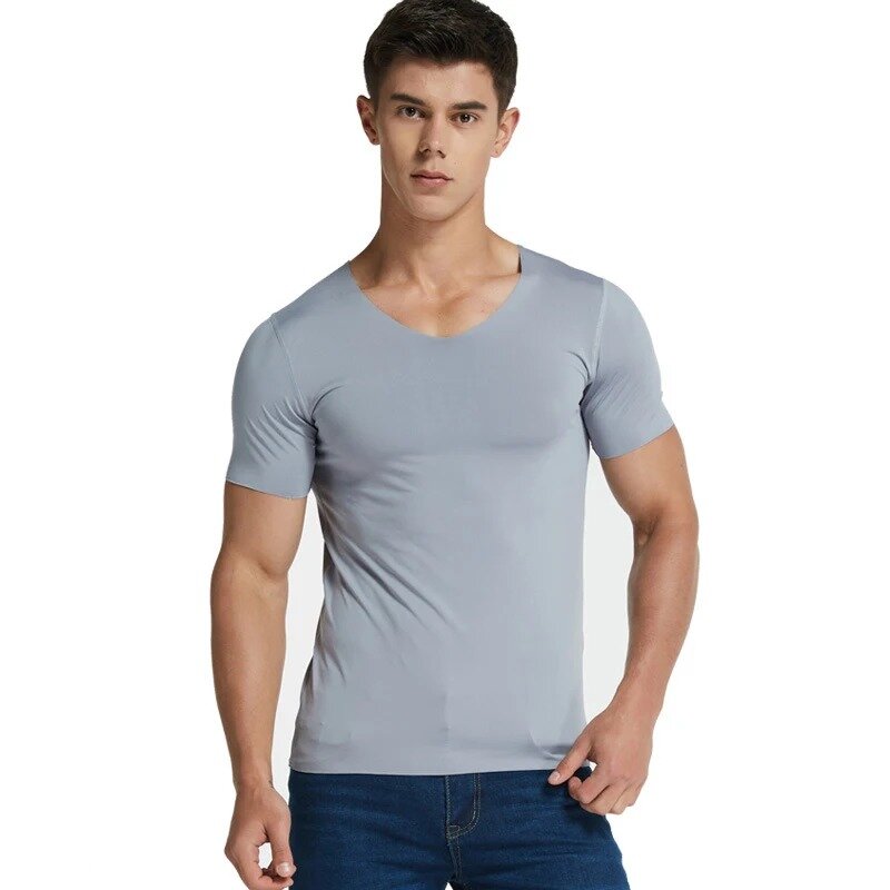 Kaus kerah V pria ukuran Plus kaus dasar lengan pendek mulus bahan viskosa baju dalam binaraga seksi musim panas untuk pria