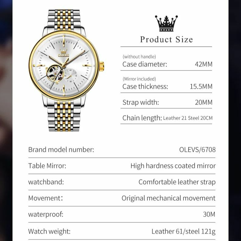 OLEVS relógio mecânico automático masculino, relógio de pulso high-end em aço inoxidável, cronógrafo original, marca luxo