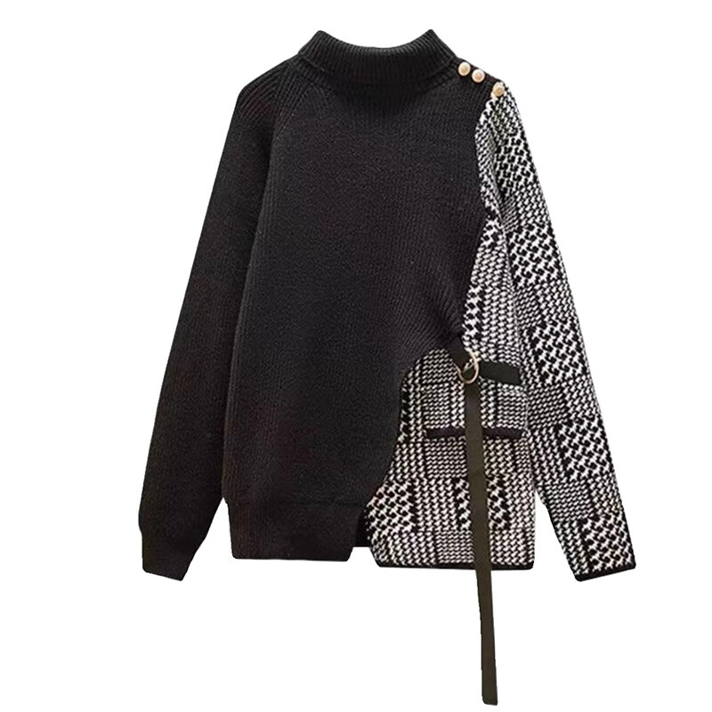 Modne swetry z golfem i splecionym bandażem damskie ubrania 2023 zimowe luźne pulowery w stylu Casual bluzki asymetryczne
