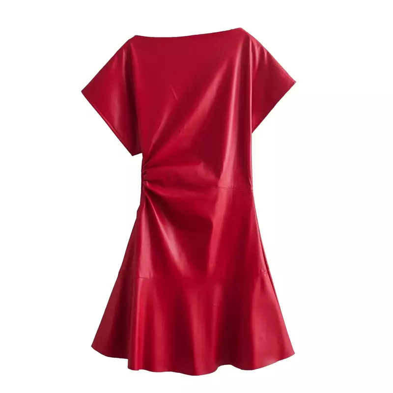 Damska nowa moda plisowana dekoracja slim fit faux leather mini sukienka retro z krótkimi rękawami zapinana na suwak damska sukienka Mujer