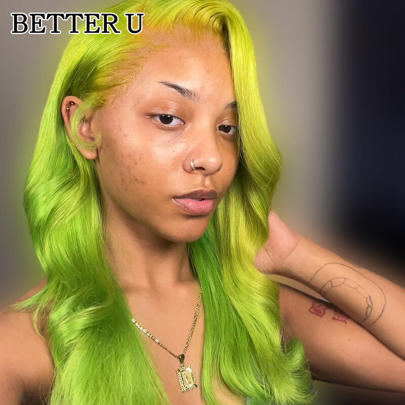 Zielone ludzkie włosy 13x6 koronkowa przednia wstępnie rozciągnięta peruka przezroczysta koronkowa peruka na przód 13x4 o wysokim połysku peruka Body Wave 250 gęstości