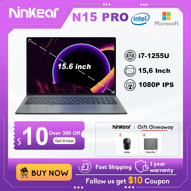 Ninkear Laptop N15 Pro 15.6-inch, Intel Core i7-1255U, IPS Full HD Dual SSD Slot Russian Keyboard Backlit Keyboard Fingerprint R