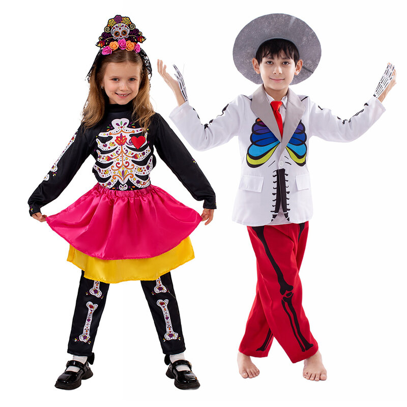 Costume del giorno dei morti per bambini per ragazzi e ragazze costumi spaventosi vestito fantasia per bambini teschio di zucchero costumi scheletro del giorno dei morti
